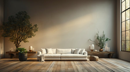 Luxurious modern living room at dusk with nature viewの素材