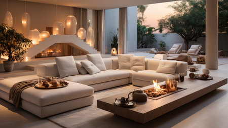Luxurious modern living room at dusk with nature viewの素材