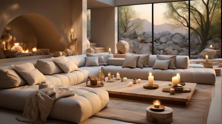 Luxurious modern living room at dusk with nature viewの素材