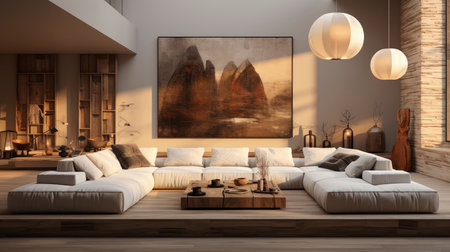 Luxurious modern living room at dusk with nature viewの素材