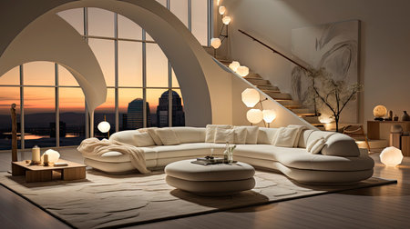 Luxurious modern living room at dusk with nature viewの素材