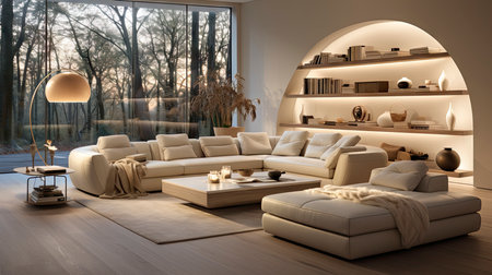 Luxurious modern living room at dusk with nature viewの素材