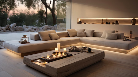 Luxurious modern living room at dusk with nature viewの素材