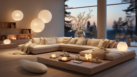 Luxurious modern living room at dusk with nature viewの素材