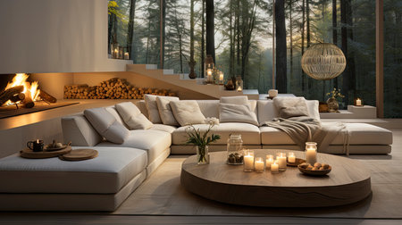 Luxurious modern living room at dusk with nature viewの素材