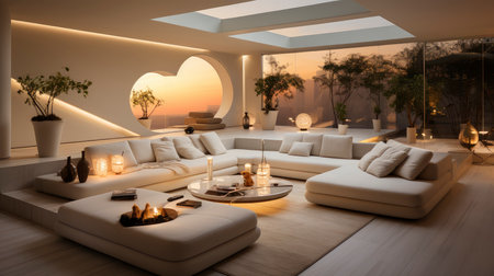 Luxurious modern living room at dusk with nature viewの素材