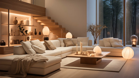 Luxurious modern living room at dusk with nature viewの素材