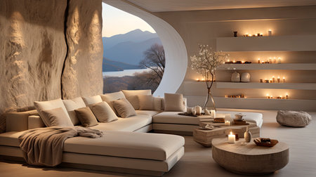 Luxurious modern living room at dusk with nature viewの素材