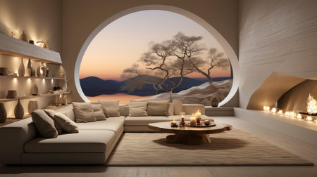 Luxurious modern living room at dusk with nature viewの素材