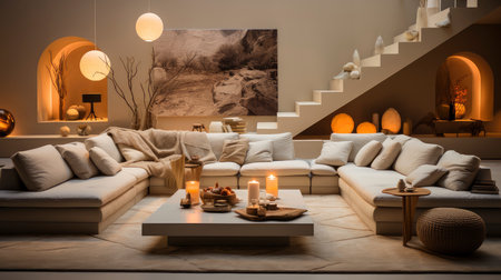 Luxurious modern living room at dusk with nature viewの素材