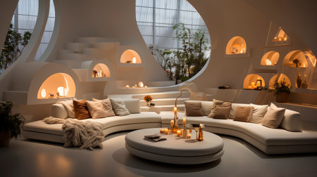 Luxurious modern living room at dusk with nature viewの素材