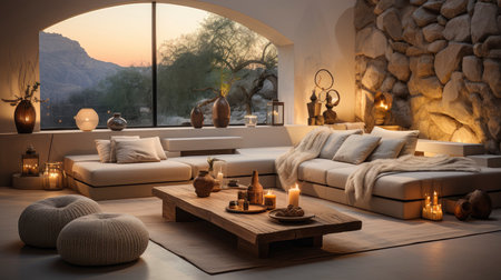 Luxurious modern living room at dusk with nature viewの素材