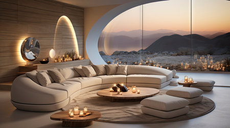 Luxurious modern living room at dusk with nature viewの素材