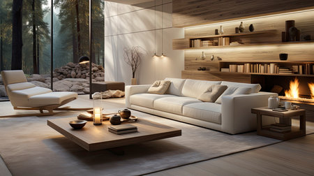 Luxurious modern living room at dusk with nature viewの素材