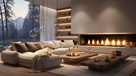 Luxurious modern living room at dusk with nature viewの素材