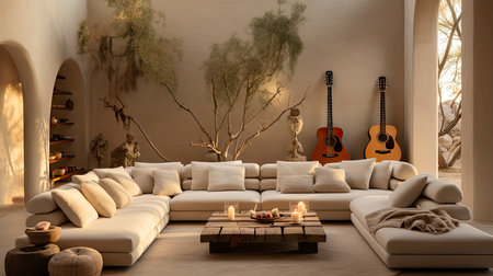 Luxurious modern living room at dusk with nature viewの素材