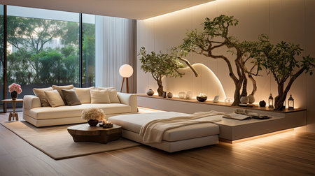 Luxurious modern living room at dusk with nature viewの素材