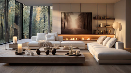 Luxurious modern living room at dusk with nature viewの素材