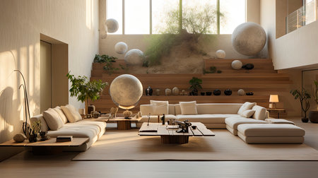 Luxurious modern living room at dusk with nature viewの素材