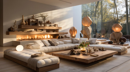 Luxurious modern living room at dusk with nature viewの素材