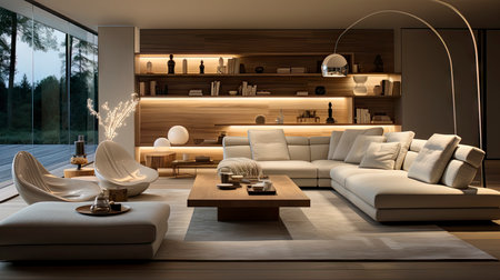 Luxurious modern living room at dusk with nature viewの素材