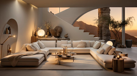 Luxurious modern living room at dusk with nature viewの素材