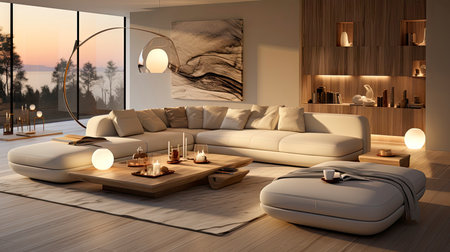 Luxurious modern living room at dusk with nature viewの素材