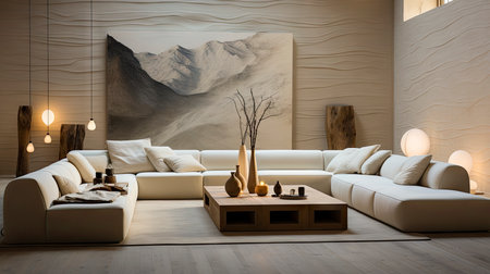 Luxurious modern living room at dusk with nature viewの素材