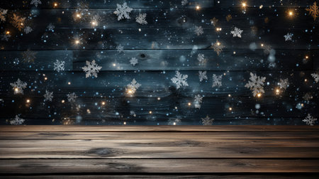 Festive Christmas decoration with sparkling snowflakes on wooden tableの素材