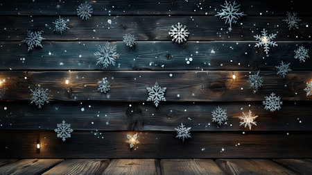 Festive Christmas decoration with sparkling snowflakes on wooden tableの素材