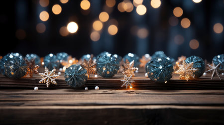 Festive Christmas decoration with sparkling snowflakes on wooden tableの素材