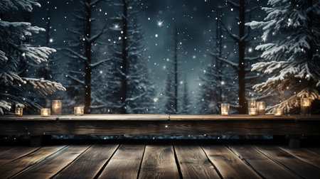 Festive Christmas decoration with sparkling snowflakes on wooden tableの素材