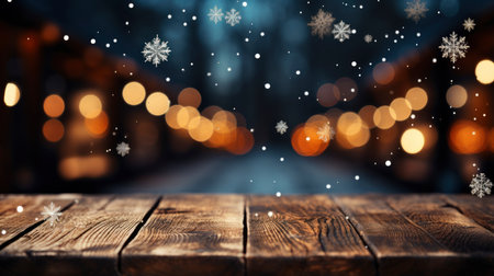 Festive Christmas decoration with sparkling snowflakes on wooden tableの素材