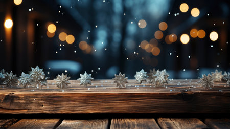 Festive Christmas decoration with sparkling snowflakes on wooden tableの素材