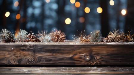 Festive Christmas decoration with sparkling snowflakes on wooden tableの素材