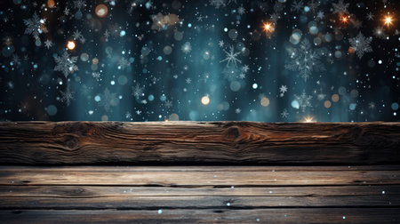 Festive Christmas decoration with sparkling snowflakes on wooden tableの素材