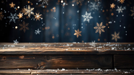 Festive Christmas decoration with sparkling snowflakes on wooden tableの素材