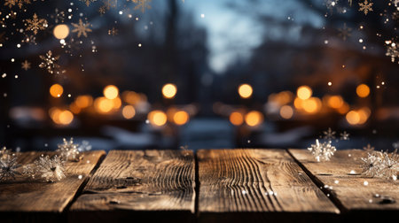 Festive Christmas decoration with sparkling snowflakes on wooden tableの素材