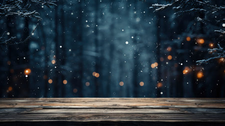 Festive Christmas decoration with sparkling snowflakes on wooden tableの素材