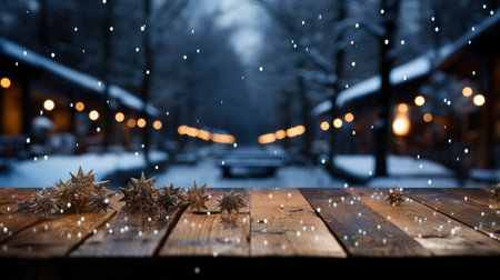 Festive Christmas decoration with sparkling snowflakes on wooden tableの素材