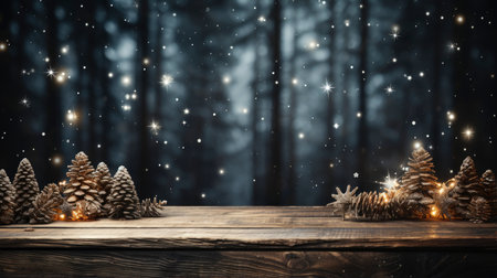 Festive Christmas decoration with sparkling snowflakes on wooden tableの素材