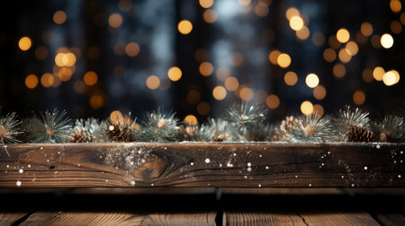 Festive Christmas decoration with sparkling snowflakes on wooden tableの素材