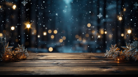 Festive Christmas decoration with sparkling snowflakes on wooden tableの素材