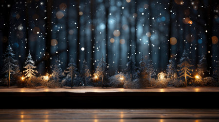 Festive Christmas decoration with sparkling snowflakes on wooden tableの素材