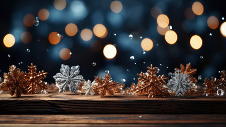 Festive Christmas decoration with sparkling snowflakes on wooden tableの素材