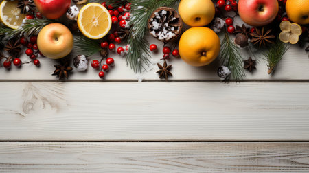 Top view of festive Christmas fruits and spices on wooden backgroundの素材