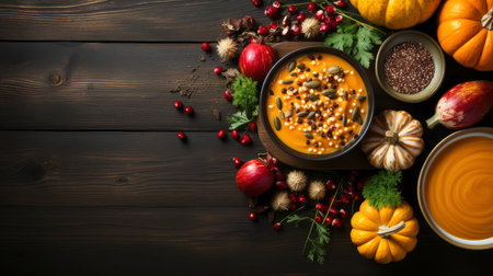 Top view of autumnal pumpkin soup with seasonal decorations on wooden tableの素材