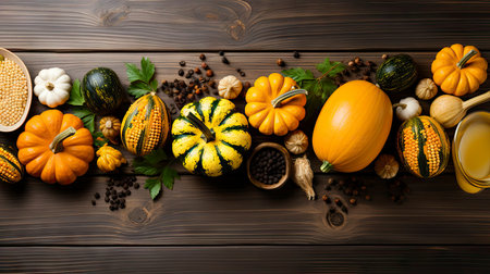 Top view of autumnal pumpkin soup with seasonal decorations on wooden tableの素材