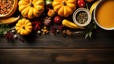 Top view of autumnal pumpkin soup with seasonal decorations on wooden tableの素材