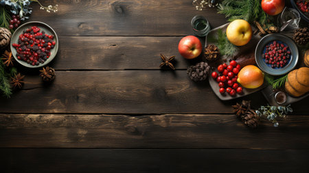 Top view of festive Christmas fruits and spices on wooden backgroundの素材